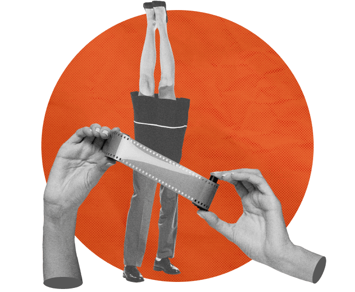 Collage of upside down characters and two hands over orange circle.